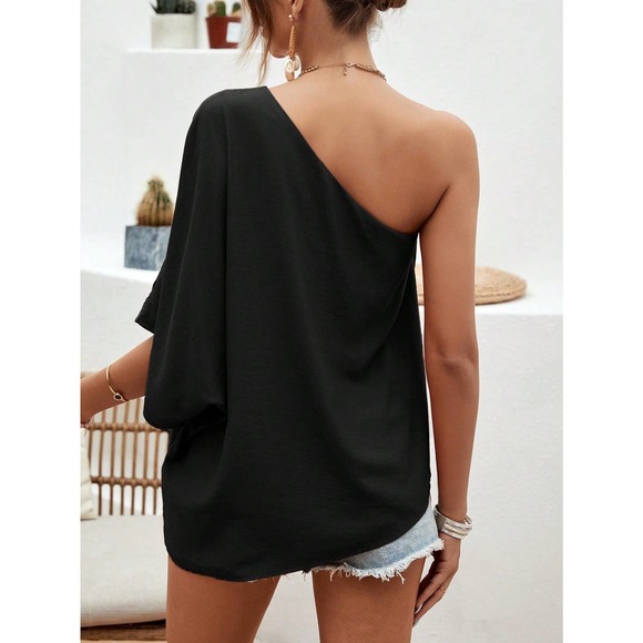 minimalist boho One Shoulder Batwing Sleeve Blouse - Picture 2 of 8